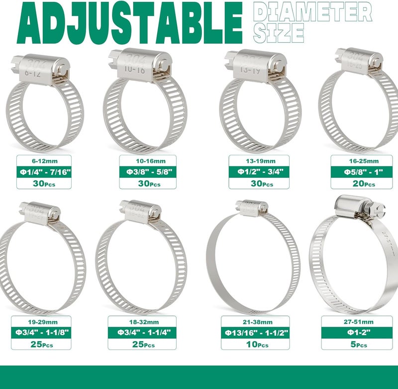 ORU 175PCS Hose Clamps Stainless Steel Assortment Adjustable 1/4"-2"(6-51mm) Worm Gear Hose Clamp, Heavy Duty Metal Small Hose Clamps for Automotive, Pipe, Radiator Plumbing, Fuel Line - Image 2
